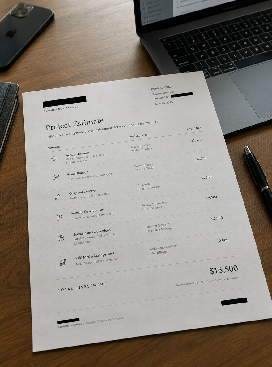 A redacted ecommerce agency project estimate listing product research, brand strategy, copy and creative, website development, sourcing and operations and paid media management, totalling $16,500